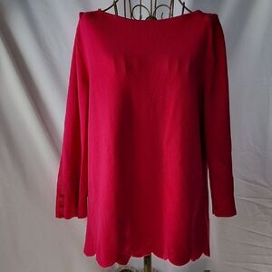 Fuschia 3/4" Sleeved Bateau Neck Finely Knit Ribbed Sweater Fun Scalloped Hem